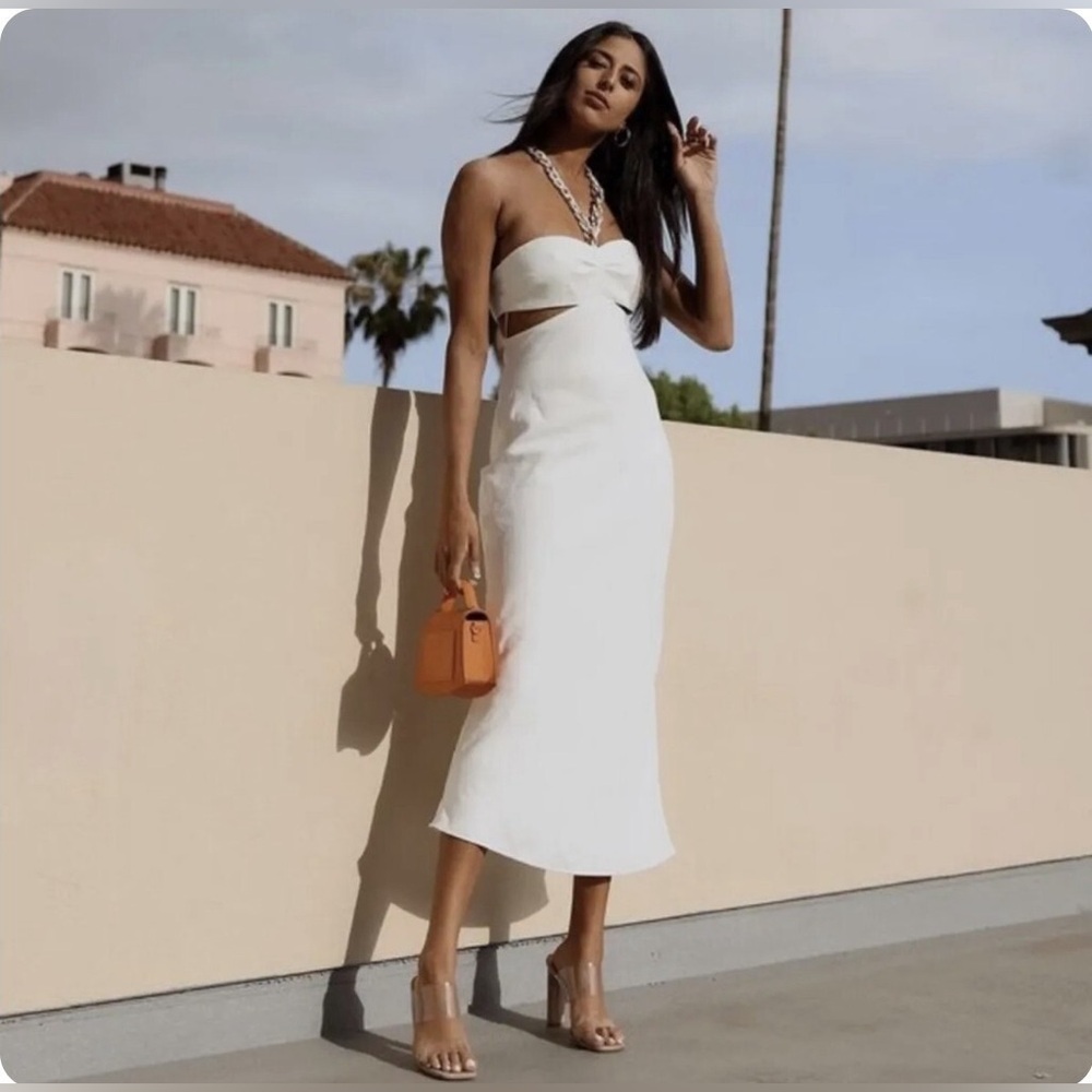 NWT Zara White Cut Out Midi Dress with Tortoiseshell Halter Neck Chain, Sz M